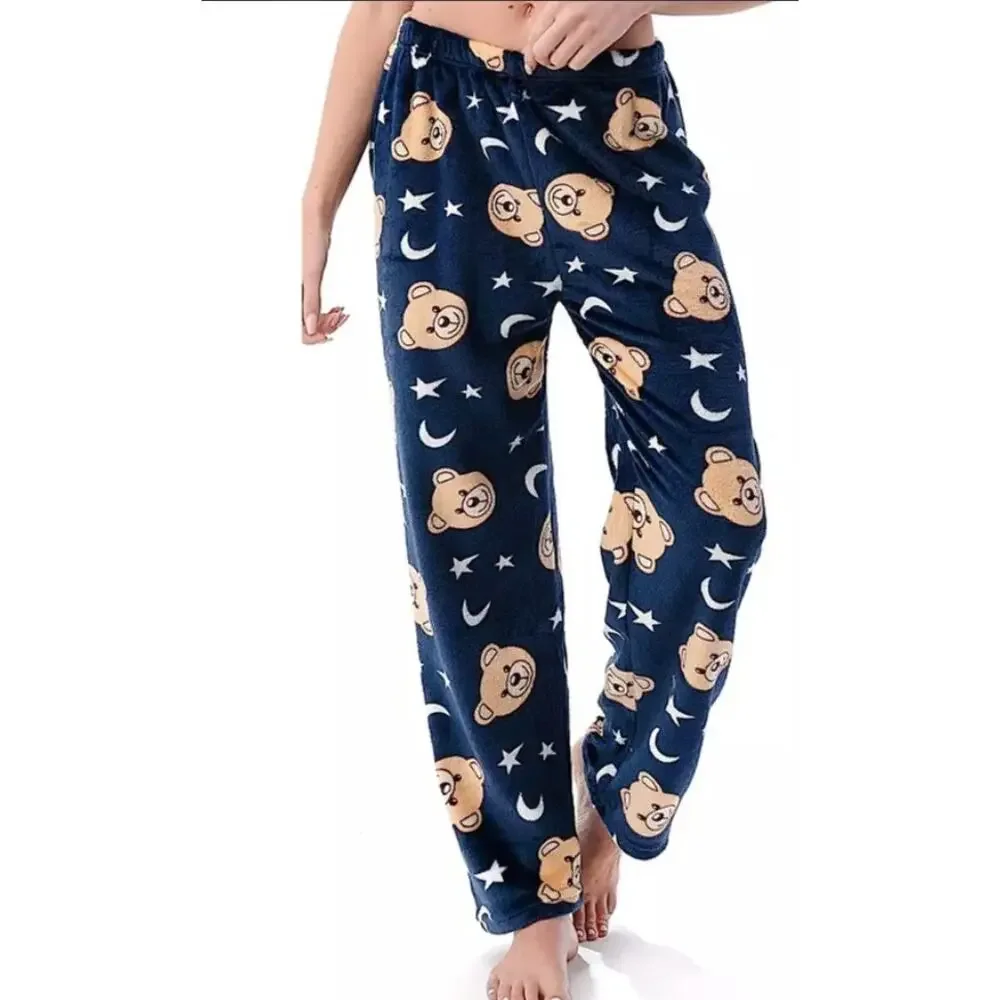 Fashion Navy Blue Plush Bear Moon Star Pajama Lounge Pants Women Size XS - Small - Picture 2 of 10